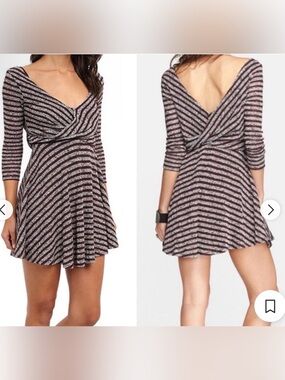 Free People Striped V-Neck Fit & Flare Mini Dress in Brown and Grey